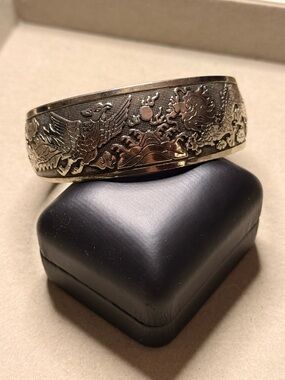 Engraved Dragon and Phoenix Brass Cuff Bracelet - Silver
